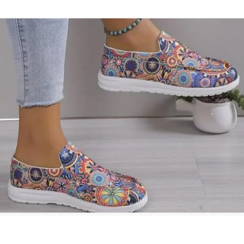 Womens Colorful Boho Floral Printed, Round Toe, Low Top Canvas, Casual Slip-On